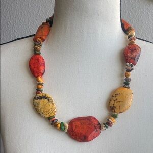 Colorful Stone Necklace with Red and Yellow Accents